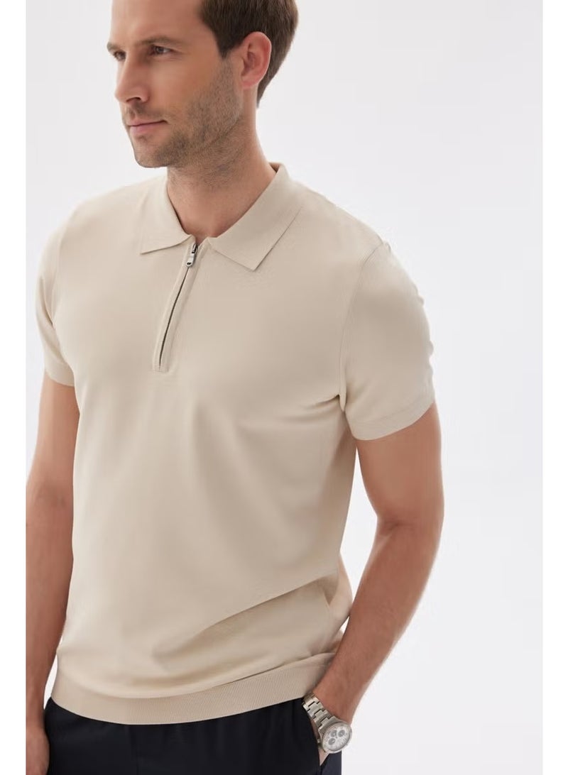 Odelon Limited Men's Plain Zipper Polo Collar Rayon Knitwear T-Shirt Beige - Image 5